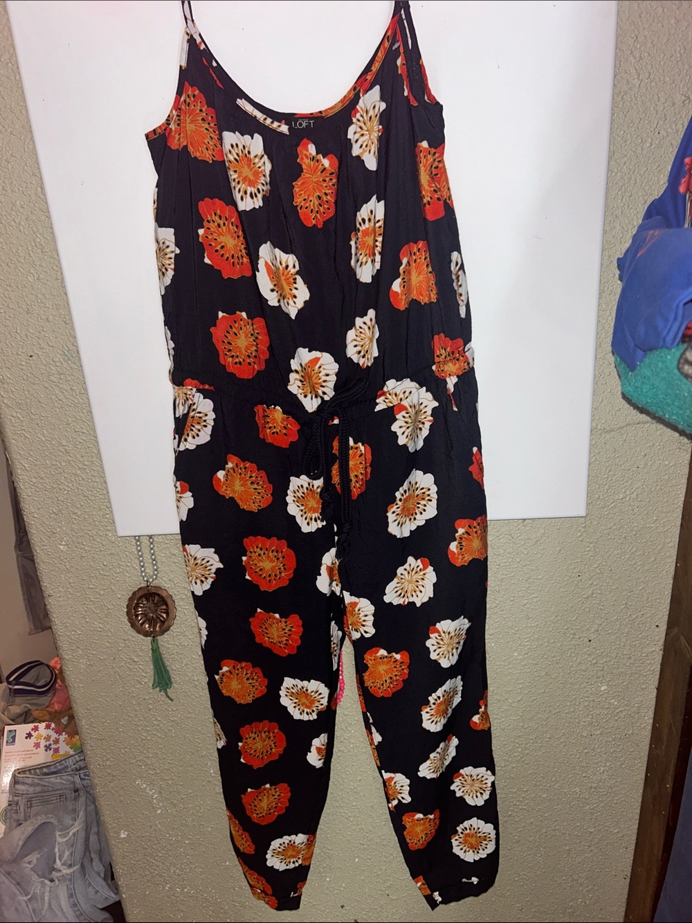 LOFT Black Jumpsuit with Orange & White Floral Print